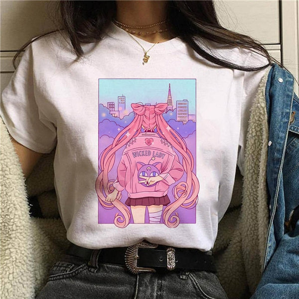 T Shirt Women Sailor Moon Funny Cartoon Harajuku Femela Tops Ullzang Anime T-shirt 90s Korean Style Tshirt Graphic Top Tees