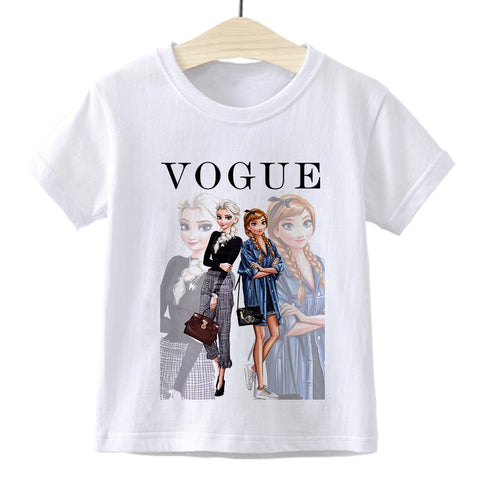 Elsa Queen Anna Princess VOGUE Children T-shirt Gym Harajuku Loose Fashion Kids Tshirt Cute Beautiful Vintage Baby Girl Clothes