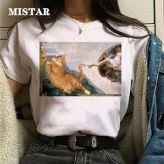 Funny Cat Oil Painting Printed T Shirt Women Fashion T-shirt Top Summer Graphic Casual t shirt women New Style White Tees Female