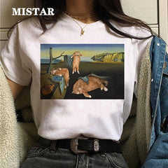 Funny Cat Oil Painting Printed T Shirt Women Fashion T-shirt Top Summer Graphic Casual t shirt women New Style White Tees Female