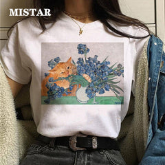 Funny Cat Oil Painting Printed T Shirt Women Fashion T-shirt Top Summer Graphic Casual t shirt women New Style White Tees Female