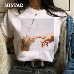 Funny Cat Oil Painting Printed T Shirt Women Fashion T-shirt Top Summer Graphic Casual t shirt women New Style White Tees Female