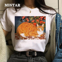 Funny Cat Oil Painting Printed T Shirt Women Fashion T-shirt Top Summer Graphic Casual t shirt women New Style White Tees Female