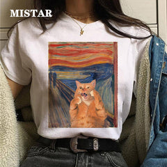 Funny Cat Oil Painting Printed T Shirt Women Fashion T-shirt Top Summer Graphic Casual t shirt women New Style White Tees Female