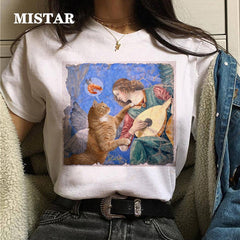 Funny Cat Oil Painting Printed T Shirt Women Fashion T-shirt Top Summer Graphic Casual t shirt women New Style White Tees Female