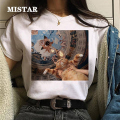 Funny Cat Oil Painting Printed T Shirt Women Fashion T-shirt Top Summer Graphic Casual t shirt women New Style White Tees Female