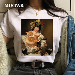 Funny Cat Oil Painting Printed T Shirt Women Fashion T-shirt Top Summer Graphic Casual t shirt women New Style White Tees Female