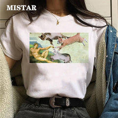 Funny Cat Oil Painting Printed T Shirt Women Fashion T-shirt Top Summer Graphic Casual t shirt women New Style White Tees Female