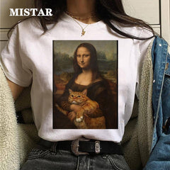 Funny Cat Oil Painting Printed T Shirt Women Fashion T-shirt Top Summer Graphic Casual t shirt women New Style White Tees Female