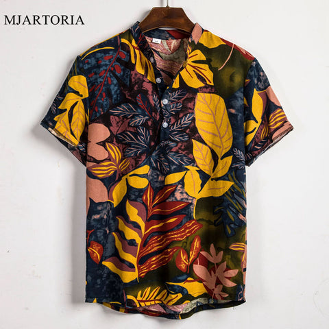 hawaiian shirt Holiday Shirts Men Cotton Linen Printed Short Sleeve Casual Loose Shirts Henley Shirts Tie Summer Tops 2019 New