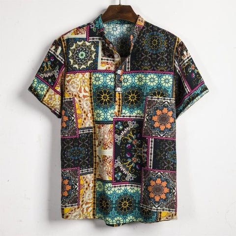 hawaiian shirt Holiday Shirts Men Cotton Linen Printed Short Sleeve Casual Loose Shirts Henley Shirts Tie Summer Tops 2019 New