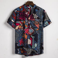 hawaiian shirt Holiday Shirts Men Cotton Linen Printed Short Sleeve Casual Loose Shirts Henley Shirts Tie Summer Tops 2019 New