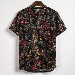 hawaiian shirt Holiday Shirts Men Cotton Linen Printed Short Sleeve Casual Loose Shirts Henley Shirts Tie Summer Tops 2019 New