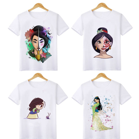 Mulan Princess Funny Cartoon T Shirt Girls Children Cute Anime T-shirt Summer Kawaii Graphic Tshirt Fashion Top Tees for Kids