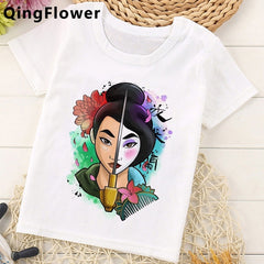 Mulan Princess Funny Cartoon T Shirt Girls Children Cute Anime T-shirt Summer Kawaii Graphic Tshirt Fashion Top Tees for Kids