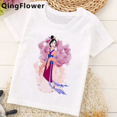 Mulan Princess Funny Cartoon T Shirt Girls Children Cute Anime T-shirt Summer Kawaii Graphic Tshirt Fashion Top Tees for Kids