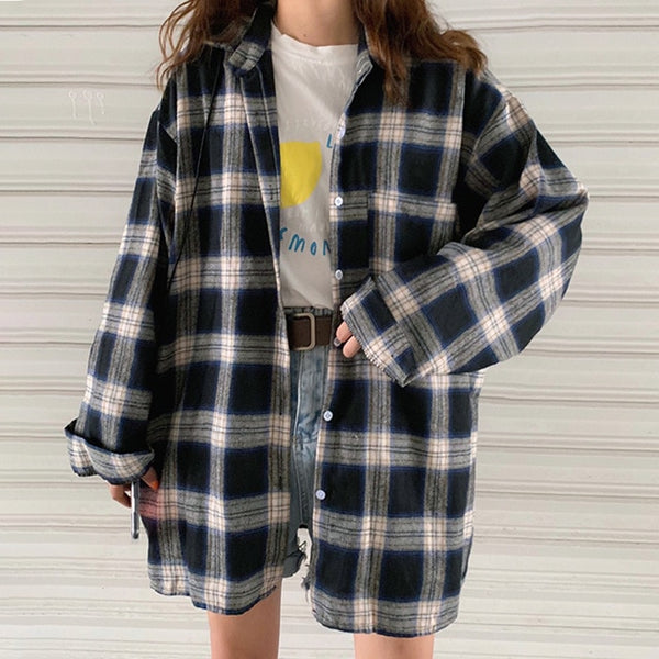 New Arrival Women Vintage Oversized Harajuku Plaid Shirt Batwing Sleeve Button Up Retro Long Blouse Brushed Feminina Blusa T0540