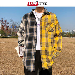 LAPPSTER Men Oversized Cotton Plaid Shirt 2020 Man Hip Hop Patchwork Button Up Long Sleeve Shirt Couple Korean Harajuku Clothing