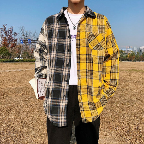 LAPPSTER Men Oversized Cotton Plaid Shirt 2020 Man Hip Hop Patchwork Button Up Long Sleeve Shirt Couple Korean Harajuku Clothing