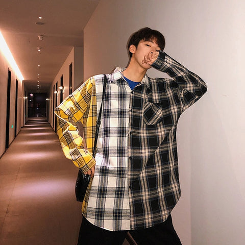 LAPPSTER Men Oversized Cotton Plaid Shirt 2020 Man Hip Hop Patchwork Button Up Long Sleeve Shirt Couple Korean Harajuku Clothing