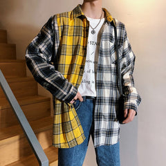 LAPPSTER Men Oversized Cotton Plaid Shirt 2020 Man Hip Hop Patchwork Button Up Long Sleeve Shirt Couple Korean Harajuku Clothing