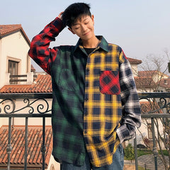 LAPPSTER Men Oversized Cotton Plaid Shirt 2020 Man Hip Hop Patchwork Button Up Long Sleeve Shirt Couple Korean Harajuku Clothing