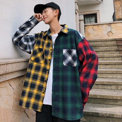 LAPPSTER Men Oversized Cotton Plaid Shirt 2020 Man Hip Hop Patchwork Button Up Long Sleeve Shirt Couple Korean Harajuku Clothing