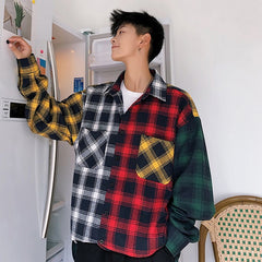 LAPPSTER Men Oversized Cotton Plaid Shirt 2020 Man Hip Hop Patchwork Button Up Long Sleeve Shirt Couple Korean Harajuku Clothing