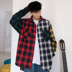 LAPPSTER Men Oversized Cotton Plaid Shirt 2020 Man Hip Hop Patchwork Button Up Long Sleeve Shirt Couple Korean Harajuku Clothing