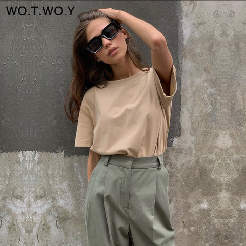 WOTWOY Summer Knitted Basic Solid T-shirt Women Casual Cotton Short Sleeve Tee-Shirts Female Tops Women 2020 New Fashion S-XL