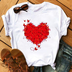 Female T-shirt Romantic Heart Shaped Flowers Vogue Kawaii Harajuku T-Shirt Women Summer Casual Tshirts Korean Style Graphic Tops