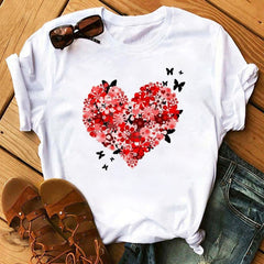 Female T-shirt Romantic Heart Shaped Flowers Vogue Kawaii Harajuku T-Shirt Women Summer Casual Tshirts Korean Style Graphic Tops