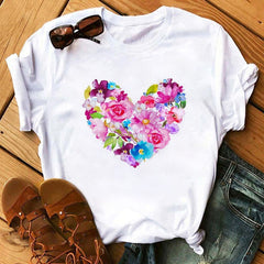 Female T-shirt Romantic Heart Shaped Flowers Vogue Kawaii Harajuku T-Shirt Women Summer Casual Tshirts Korean Style Graphic Tops