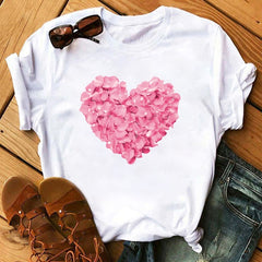 Female T-shirt Romantic Heart Shaped Flowers Vogue Kawaii Harajuku T-Shirt Women Summer Casual Tshirts Korean Style Graphic Tops