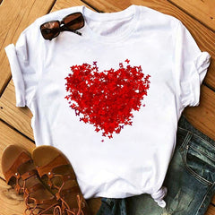 Female T-shirt Romantic Heart Shaped Flowers Vogue Kawaii Harajuku T-Shirt Women Summer Casual Tshirts Korean Style Graphic Tops