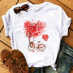 Female T-shirt Romantic Heart Shaped Flowers Vogue Kawaii Harajuku T-Shirt Women Summer Casual Tshirts Korean Style Graphic Tops