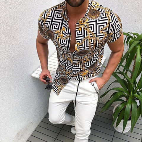 Summer Man Shirt 2020 Mens Ethnic Printed Stand Collar Stripe Short Sleeve Loose Hawaiian Henley Shirt hawaiian Shirt