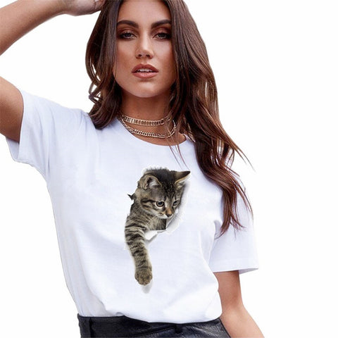 Women T-Shirt Fashion 3D Cat Print Casual Harajuku Summer Short Sleeve Round Neck T-Shirt Casual Clothes Top Tee T-shirt Female