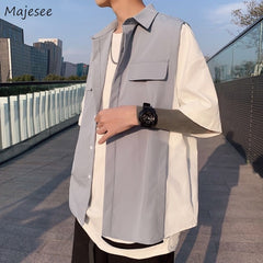 Men Shirts Summer Short Sleeves Turn-down Collar Patchwork Loose Shirt Korean Style Hawaii Mens Youth Students Streetwear New