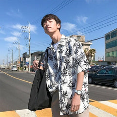 Men Shirts Summer Short Sleeves Turn-down Collar Patchwork Loose Shirt Korean Style Hawaii Mens Youth Students Streetwear New