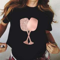 Camisetas Tee Tops T-Shirt Women Rose Gold Wine Glasses Print T-Shirt Black Casual Ladies Tshirt 2020 Summer T Shirt Female Tees