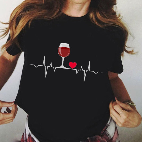 Camisetas Tee Tops T-Shirt Women Rose Gold Wine Glasses Print T-Shirt Black Casual Ladies Tshirt 2020 Summer T Shirt Female Tees