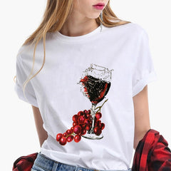 Camisetas Tee Tops T-Shirt Women Rose Gold Wine Glasses Print T-Shirt Black Casual Ladies Tshirt 2020 Summer T Shirt Female Tees