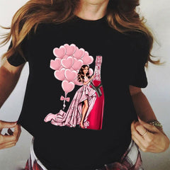 Camisetas Tee Tops T-Shirt Women Rose Gold Wine Glasses Print T-Shirt Black Casual Ladies Tshirt 2020 Summer T Shirt Female Tees