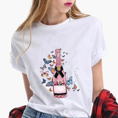 Camisetas Tee Tops T-Shirt Women Rose Gold Wine Glasses Print T-Shirt Black Casual Ladies Tshirt 2020 Summer T Shirt Female Tees