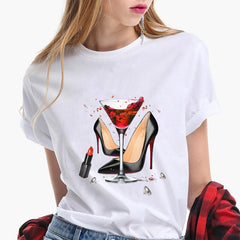 Camisetas Tee Tops T-Shirt Women Rose Gold Wine Glasses Print T-Shirt Black Casual Ladies Tshirt 2020 Summer T Shirt Female Tees