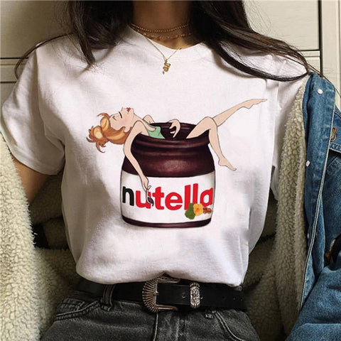 2020 New Women T-Shirt Nutella Funny Print Top Female T Shirts 90s Harajuku Cartoon Clothing Casual O-neck Ladies Tee Tops Shirt