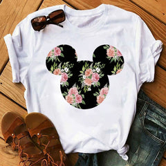 Women T-shirts Cute Print Tshirt Woman Summer Short Sleeve Flowers Ear Fashion Graphic Tee Shirt Tops Female T-shirt Clothes