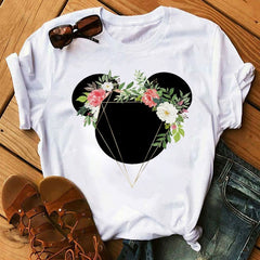 Women T-shirts Cute Print Tshirt Woman Summer Short Sleeve Flowers Ear Fashion Graphic Tee Shirt Tops Female T-shirt Clothes