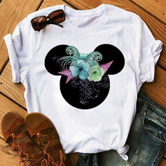 Women T-shirts Cute Print Tshirt Woman Summer Short Sleeve Flowers Ear Fashion Graphic Tee Shirt Tops Female T-shirt Clothes